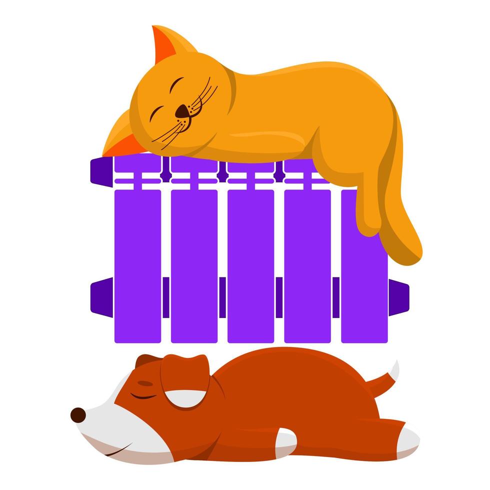 een gemberkat ligt op de radiator en een bruine hond ligt onder de radiator. lieve huisdieren warmen zich op in de buurt van de batterij. vector illustratie