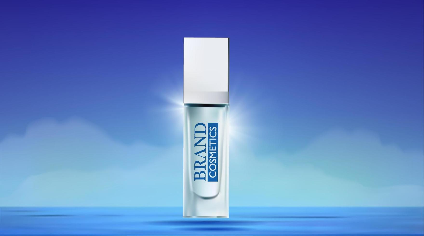 cosmetica product advertenties met blauwe zee en lucht achtergrond. productpresentatie . vector illustratie