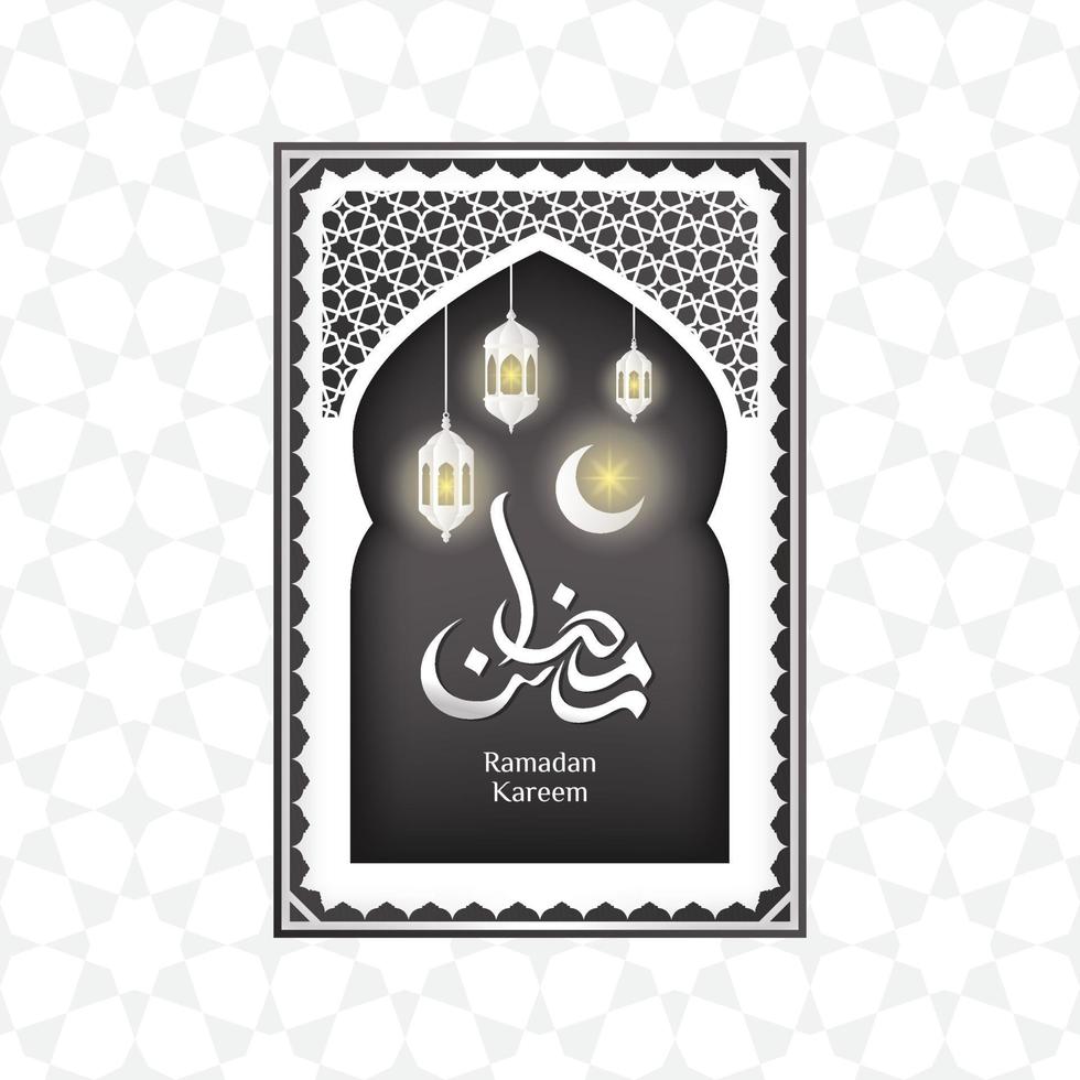 ramadan-wenskaart met halve maan in moskeevenster en arabisch ornament vector