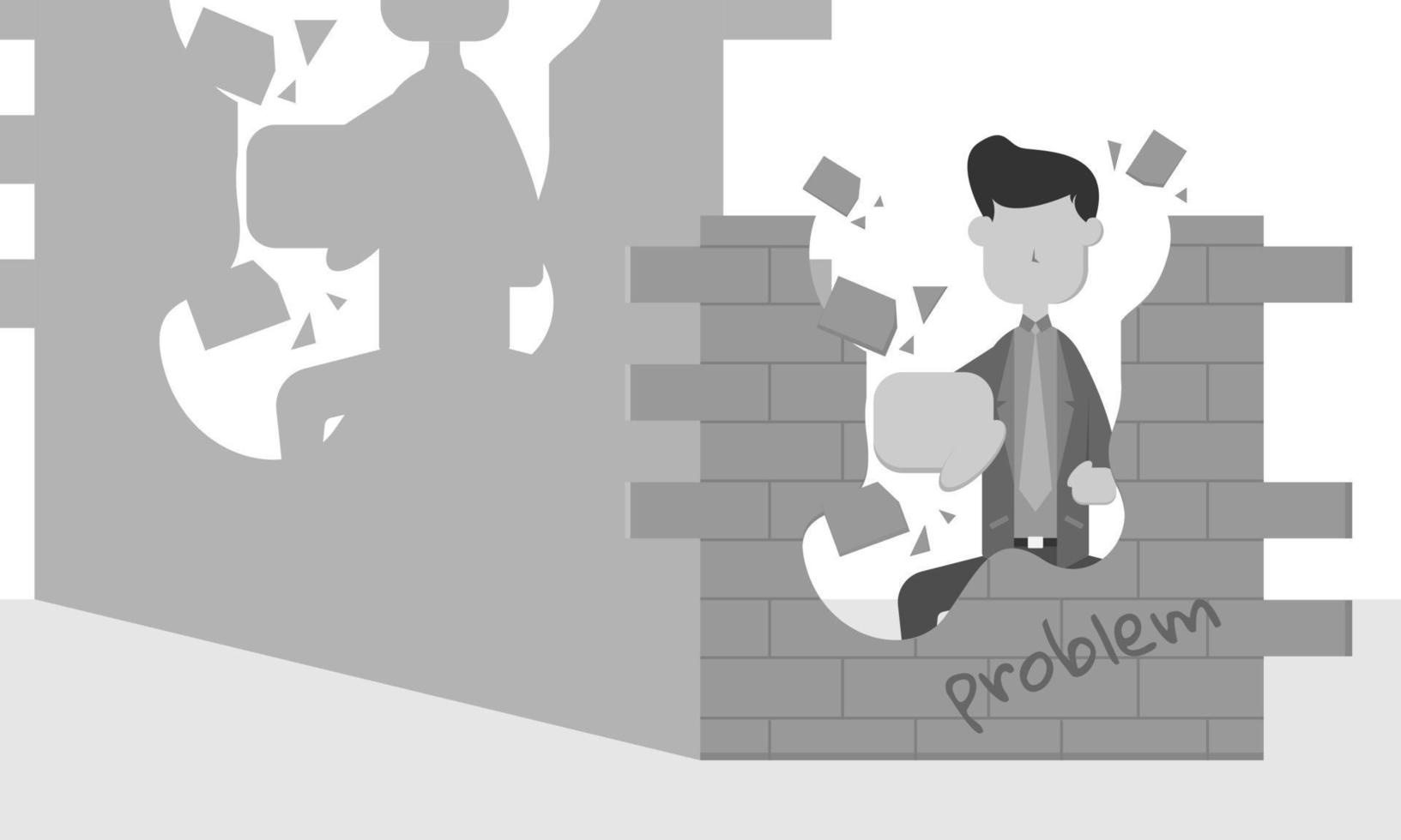 een mannelijke zakenman slaat een muur die probleem zegt tot de muur verbrijzelt. probleem oplossen illustratie vector