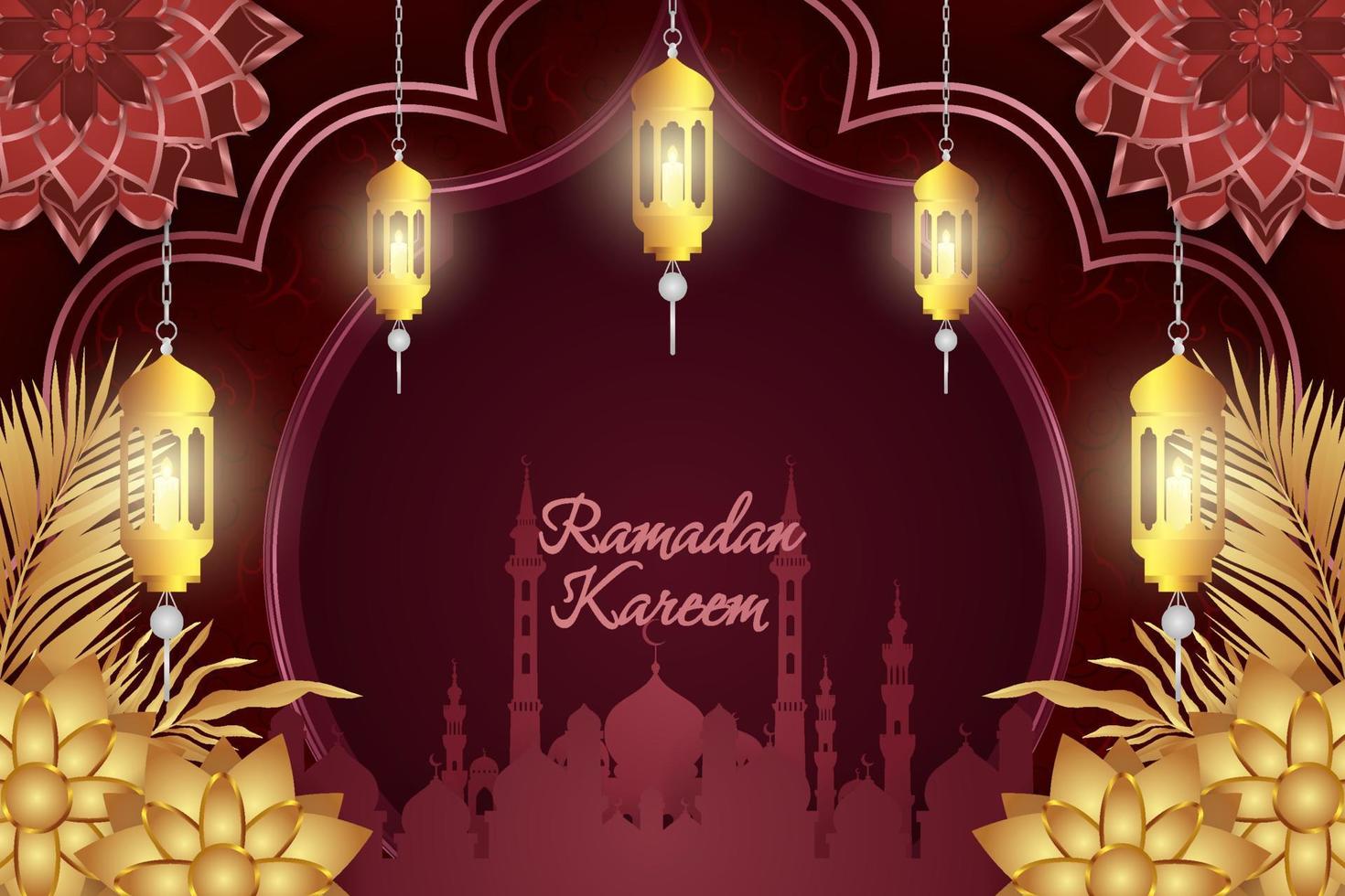 ramadan kareem islamitische stijl rode en gouden luxe met moskee en prachtig ornament vector