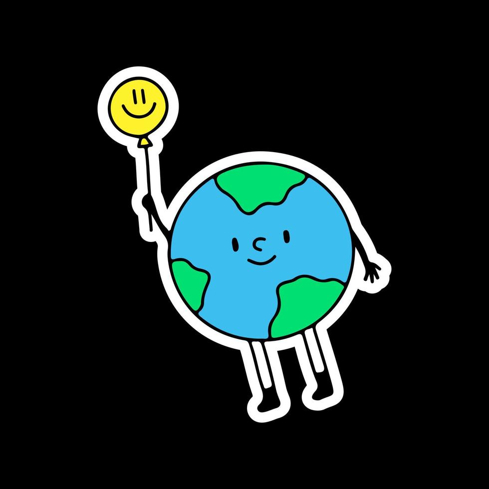 aarde planeet vliegen met glimlach emoji ballon, illustratie voor t-shirt, sticker of kleding koopwaar. met doodle, retro en cartoonstijl. vector