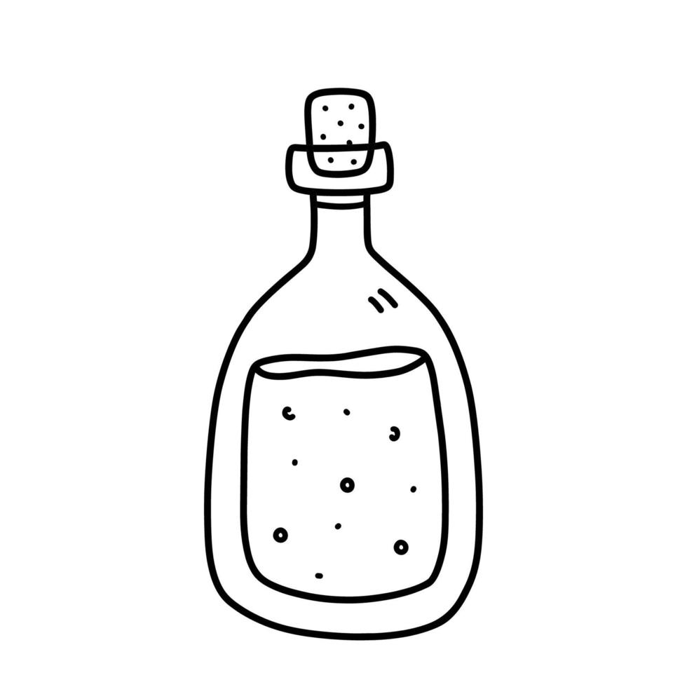 glazen fles met toverdrank geïsoleerd op een witte achtergrond. vector handgetekende illustratie in doodle stijl. perfect voor kaarten, decoraties, logo.