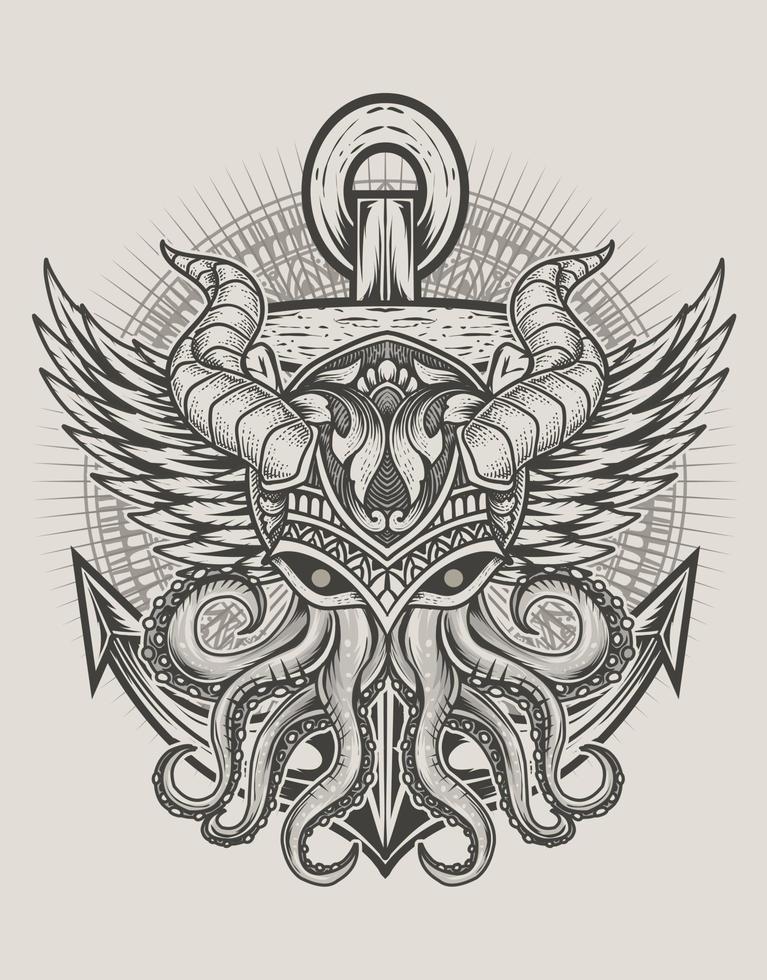 illustratie vintage octopus voor marine logo vector