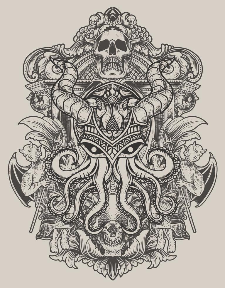 illustratie vintage octopus met gravure ornament stijl vector