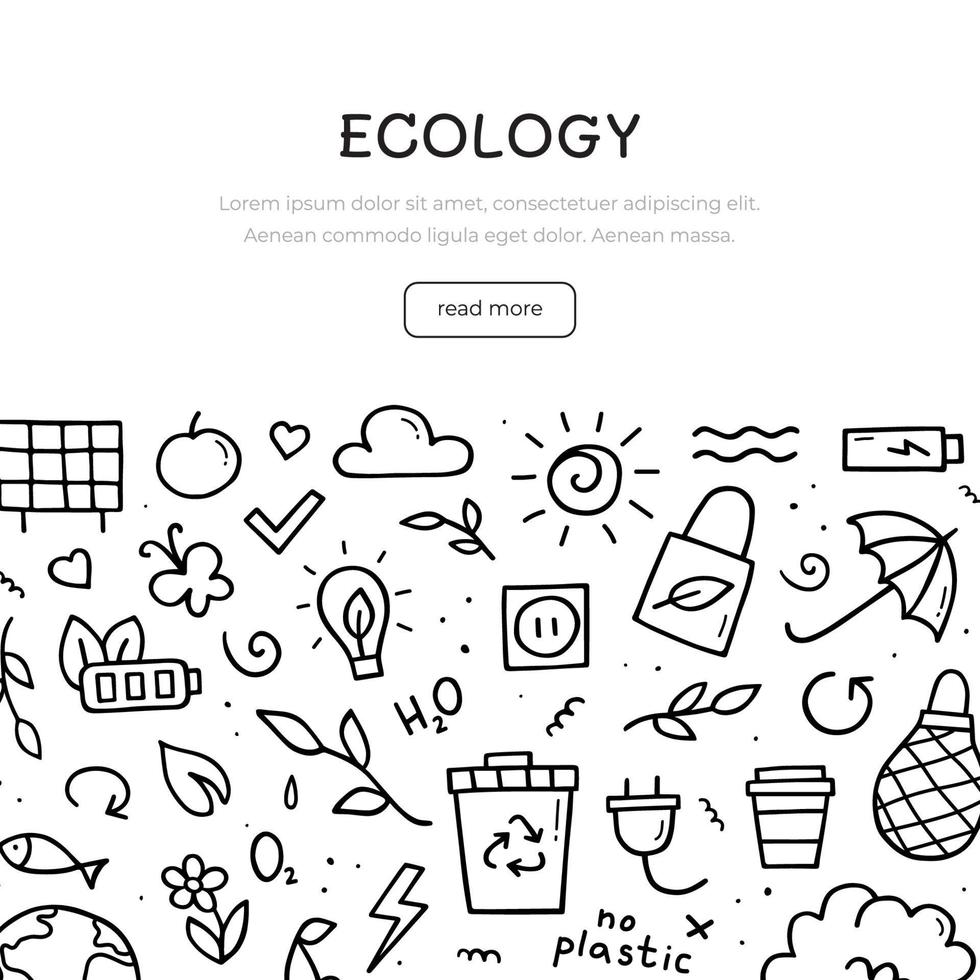doodle set van ecologie. sjabloon voor spandoek. eco in lineaire handgetekende stijl. vectorillustratie. vector