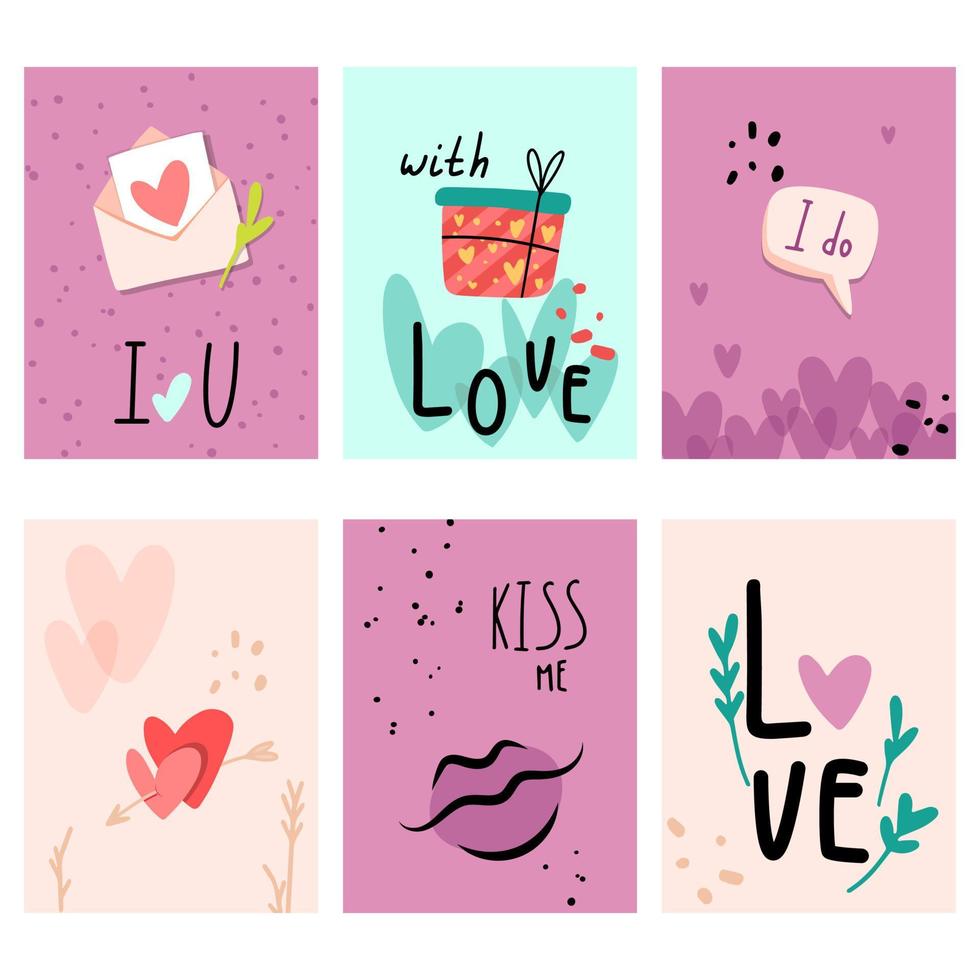 vectorillustratie liefde kaarten ontwerp. platte paarse, rode en blauwe harten met handgeschreven letters. moderne en abstracte stijl. vector