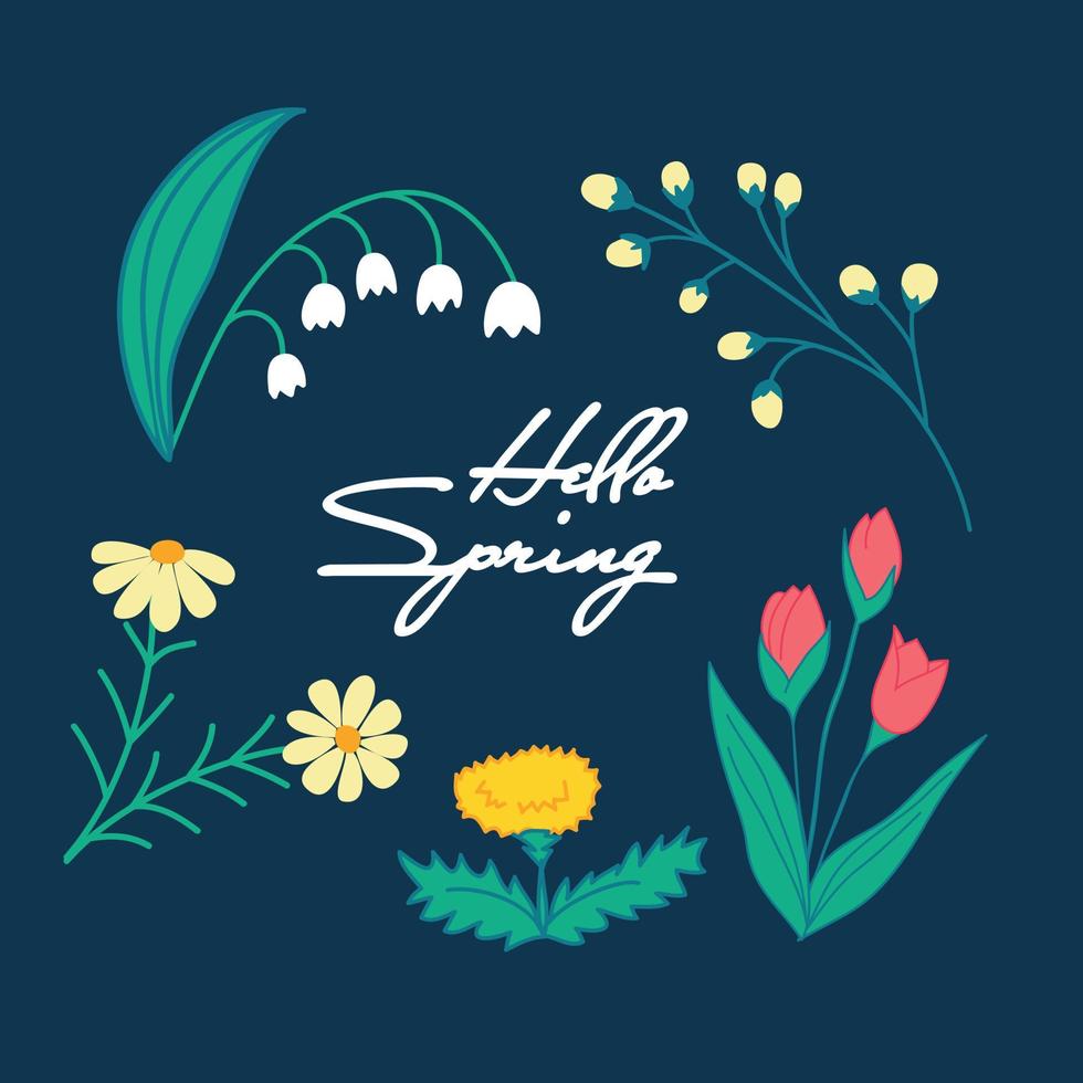 ontwerp voor een wenskaart. hallo lente hand getekende tekst. tekenposter met bloemen en planten vector