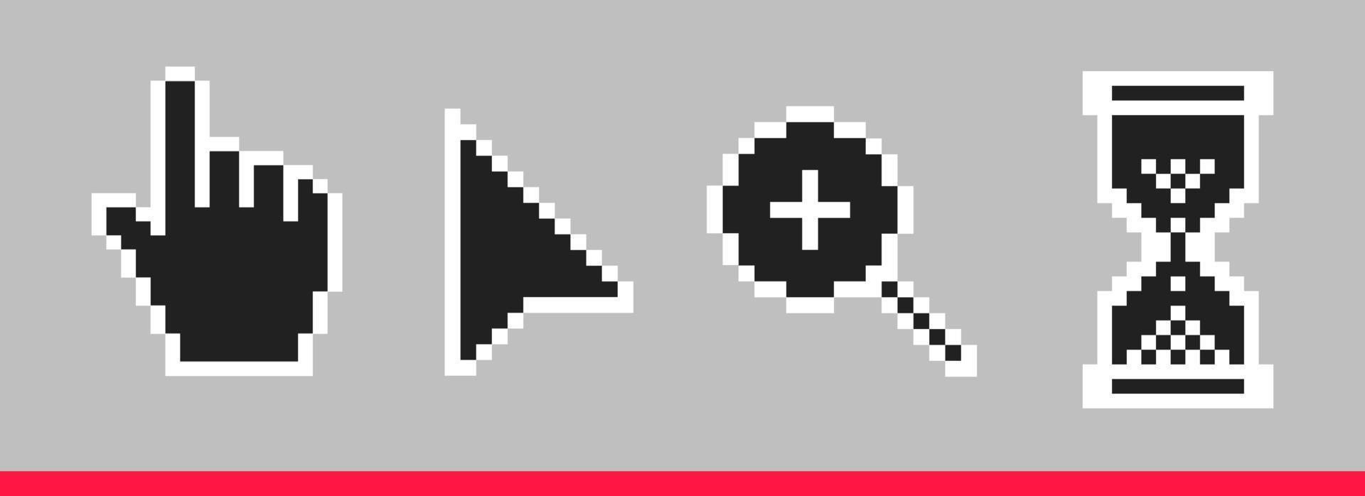 zwart-wit pijl, hand, vergrootglas en zandloper pixel muis cursor iconen vector illustratie set