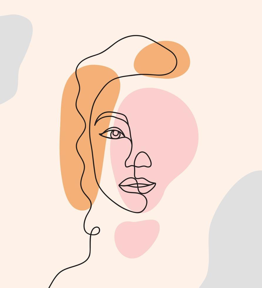 ononderbroken lijn, tekening van vrouw gezicht, mode concept, vrouw schoonheid minimalistisch met geometrische doodle abstracte elementen pastelkleuren. één lijn doorlopende tekening. vector illustratie