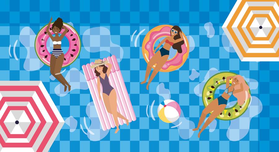 vrouw die zon in het zwembad op floaties vector