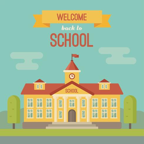 Schoolgebouw en banner met Welcome back to school vector