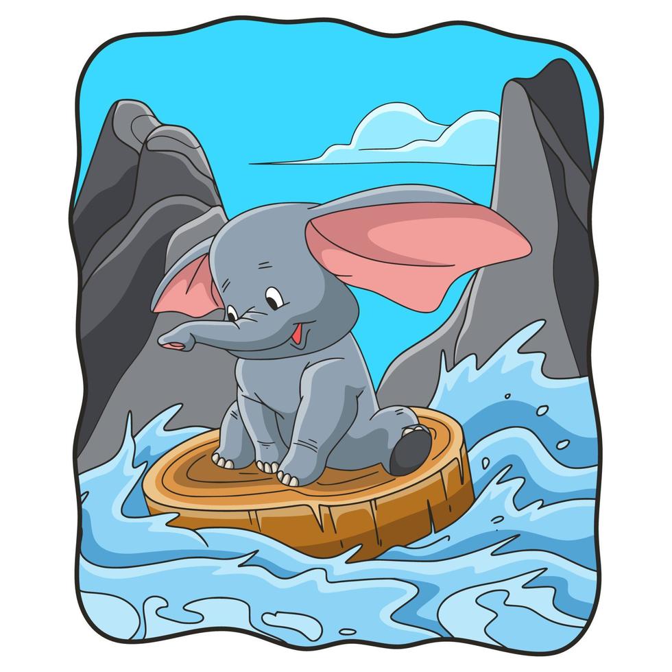 cartoon illustratie olifant trekt hout drijvend in de rivier vector