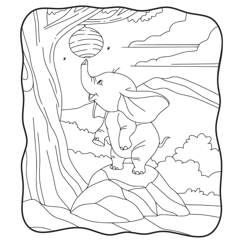 cartoon illustratie olifant probeert een bijennest boek of pagina voor kinderen zwart-wit te nemen vector