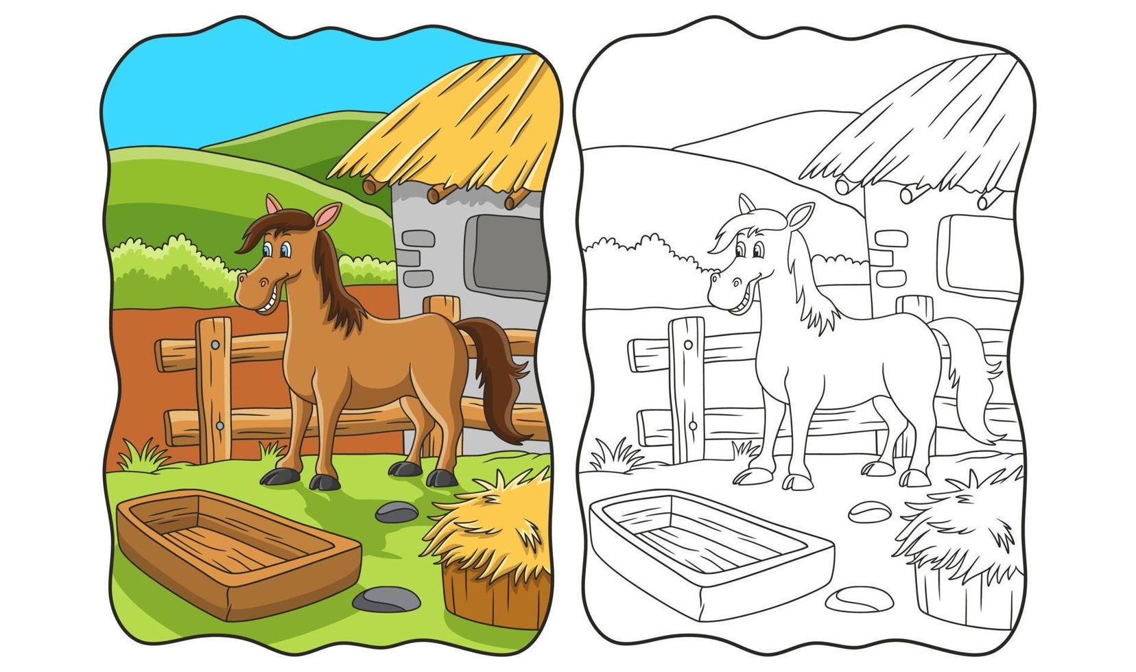 cartoonillustratie een paard is op een boerderij aan de rand van een heuvelboek of pagina voor kinderen vector