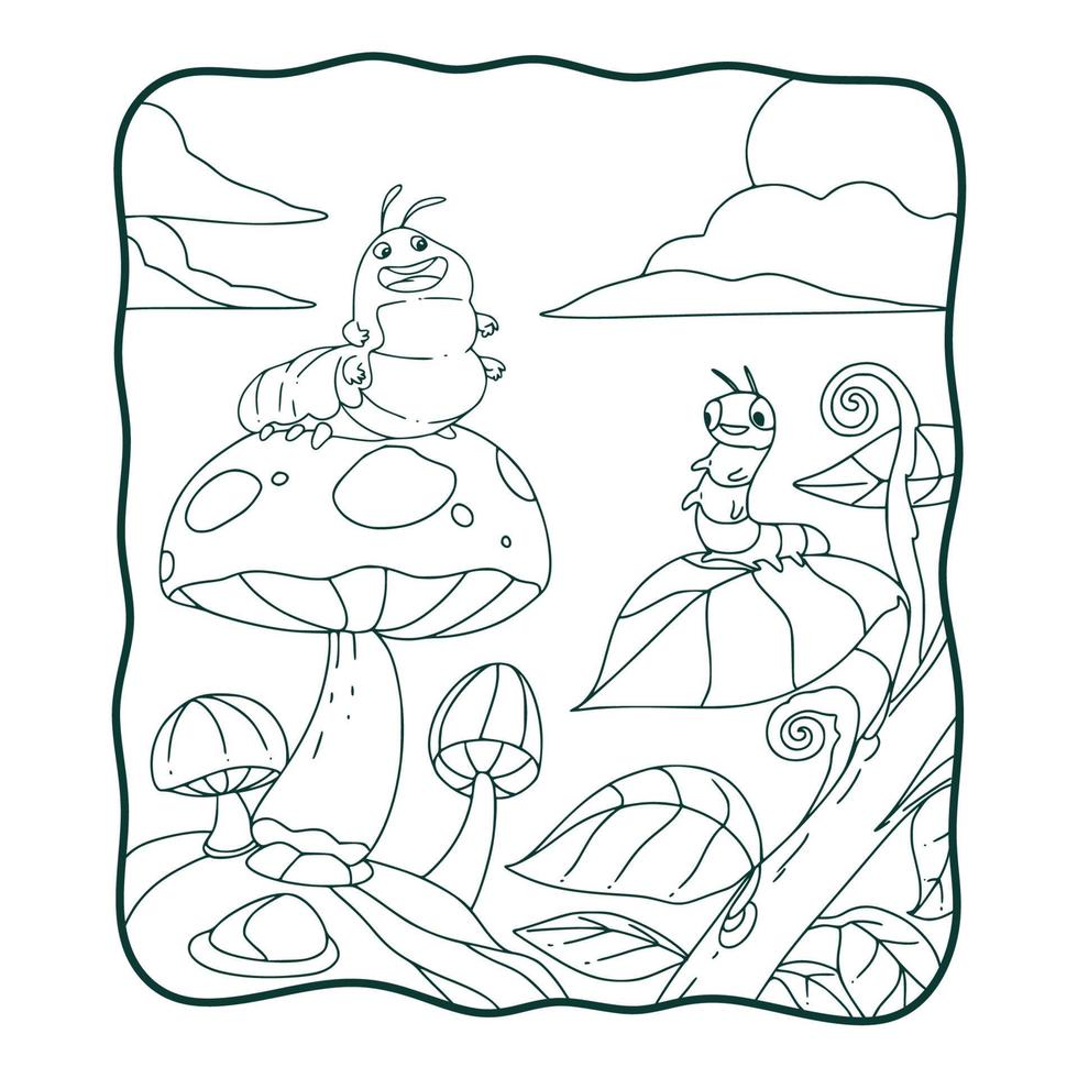 cartoon illustratie rups op paddenstoelen en bladeren kleurboek of pagina voor kinderen zwart-wit vector