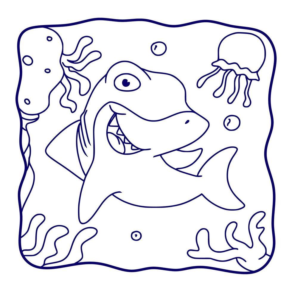 cartoon illustratie haaien en kwallen zwemmen kleurboek of pagina voor kinderen zwart en wit vector