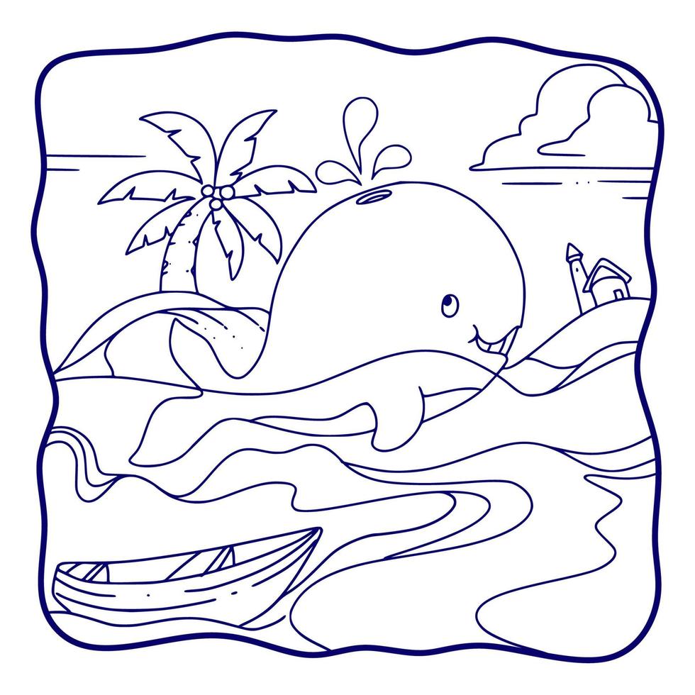 cartoon illustratie walvis zwemt in de zee en spuit water van boven zijn hoofd kleurboek of pagina voor kinderen zwart-wit vector