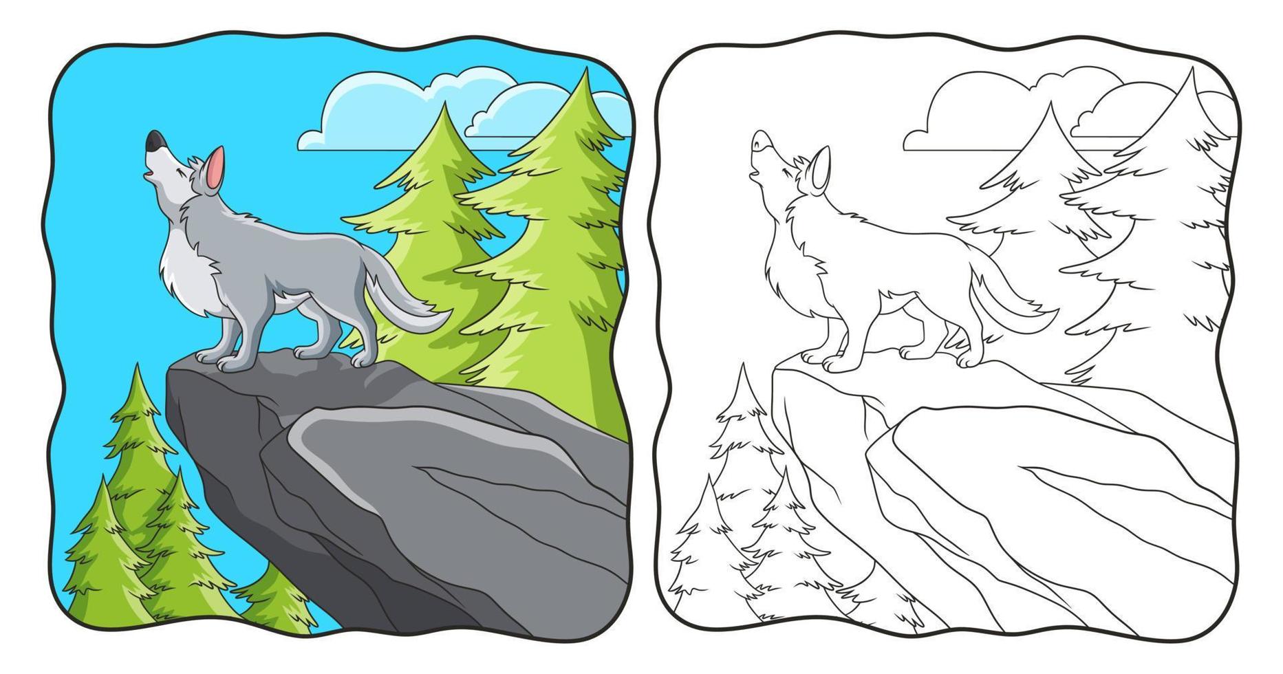 cartoonillustratie de wolf brult op het rotsblok of de pagina voor kinderen vector