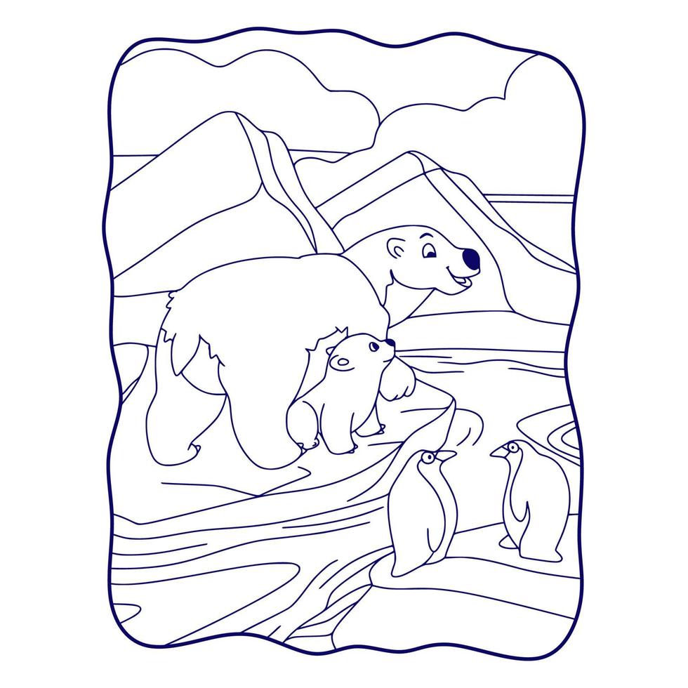 cartoonillustratie beren en pinguïns zijn op een ijsblokjesboek of pagina voor kinderen zwart-wit vector
