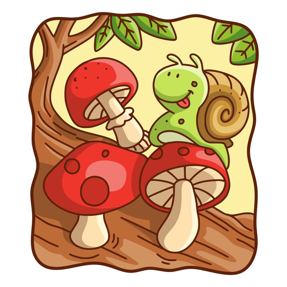 cartoon illustratie slakken lopen op paddenstoelen vector