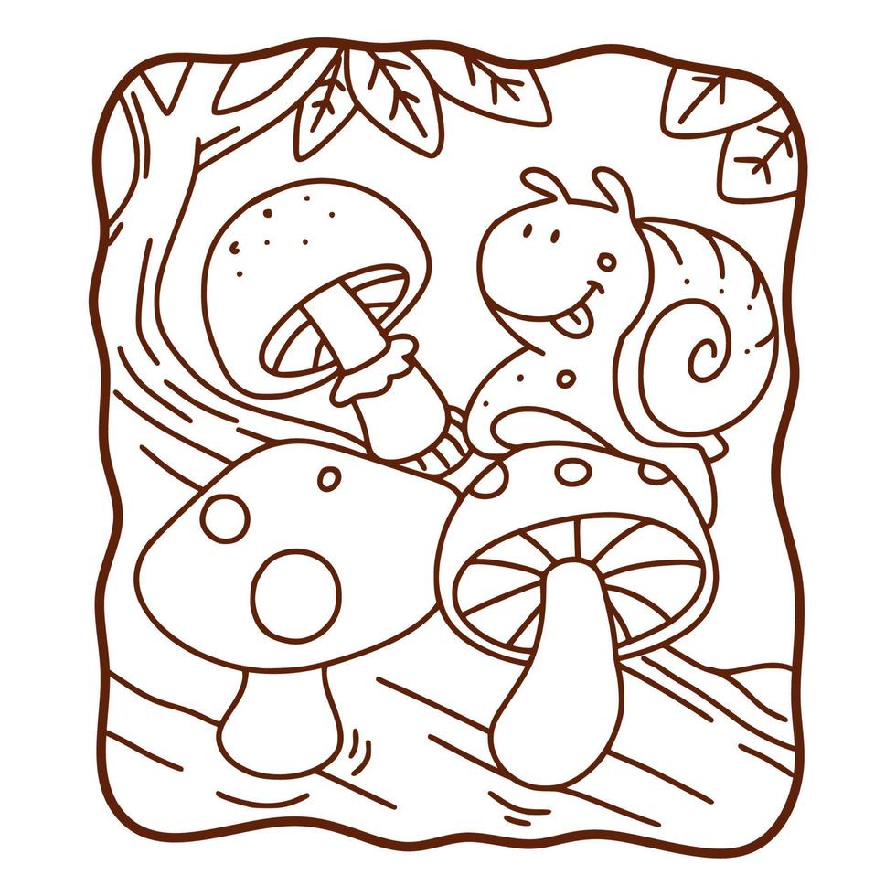cartoon illustratie slakken lopen op paddenstoelen kleurboek of pagina voor kinderen zwart en wit vector