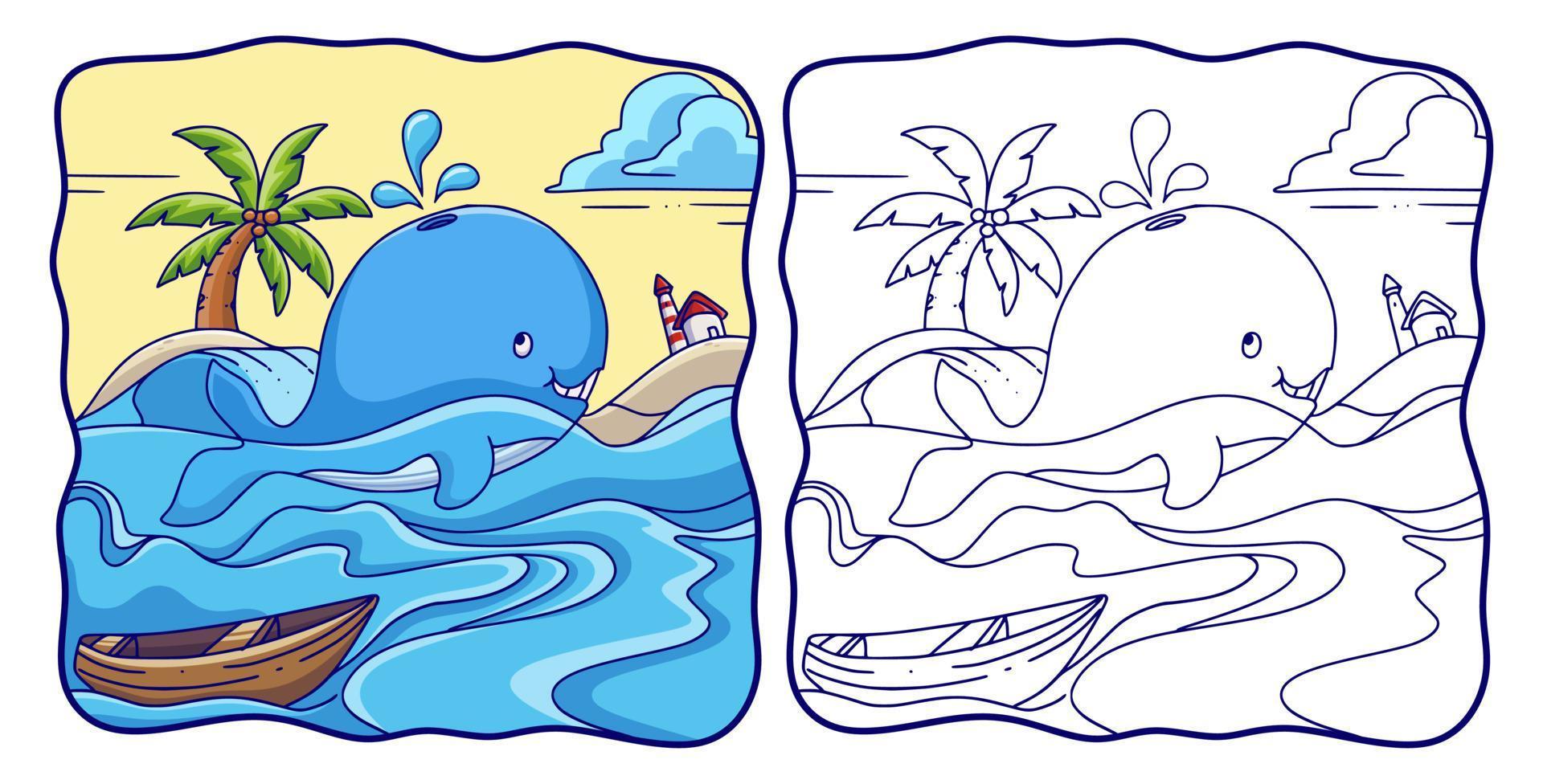 cartoon illustratie walvis zwemt in de zee en spuit water van boven zijn hoofd kleurboek of pagina voor kinderen vector
