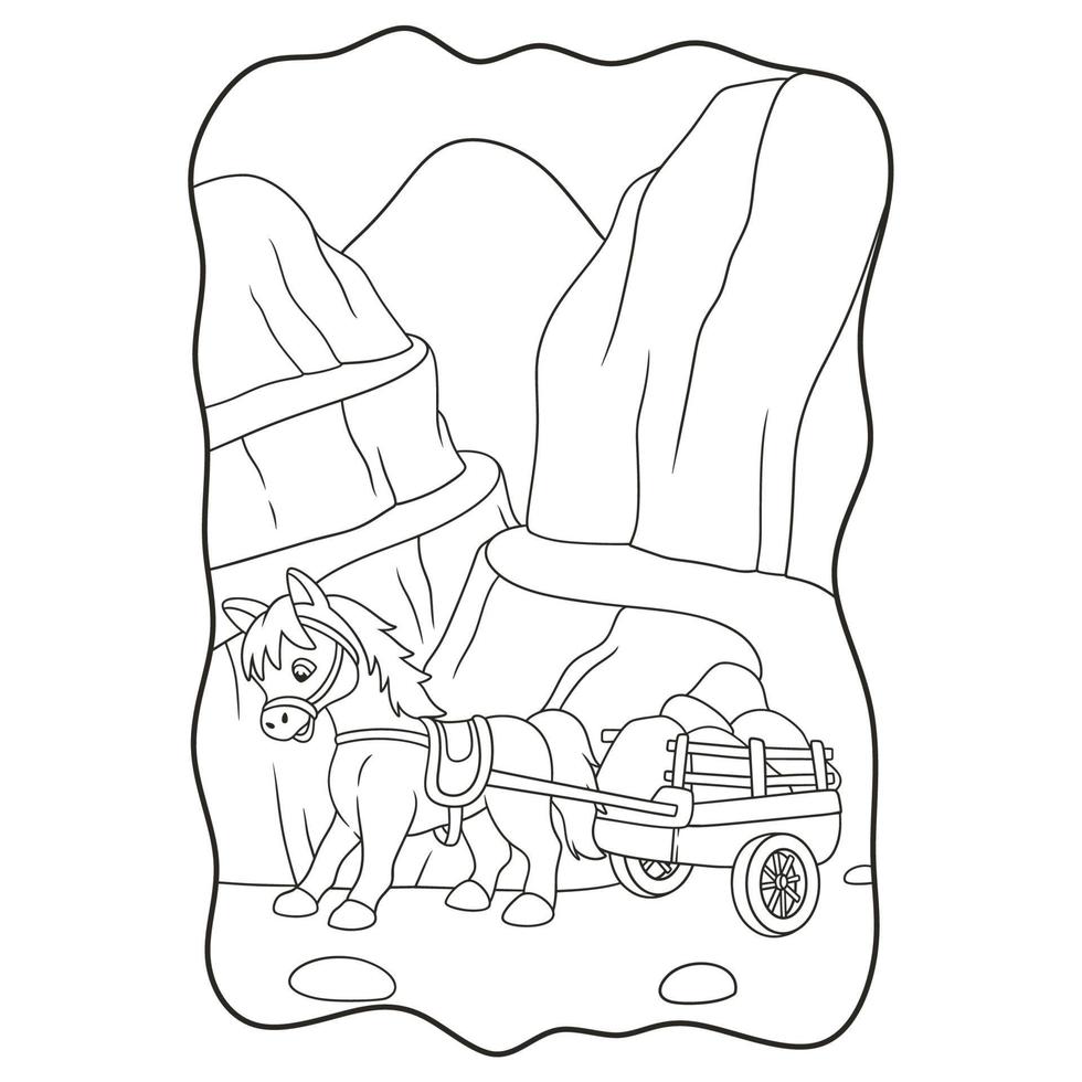 cartoon afbeelding een paard met een kar gevuld met stenen door de weg in de buurt van het ravijn boek of pagina voor kinderen zwart-wit vector