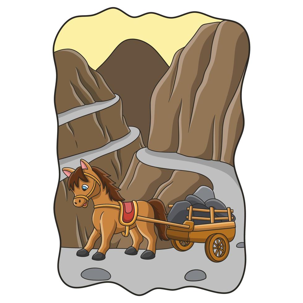 cartoon afbeelding een paard met een kar gevuld met stenen door de weg in de buurt van het ravijn vector