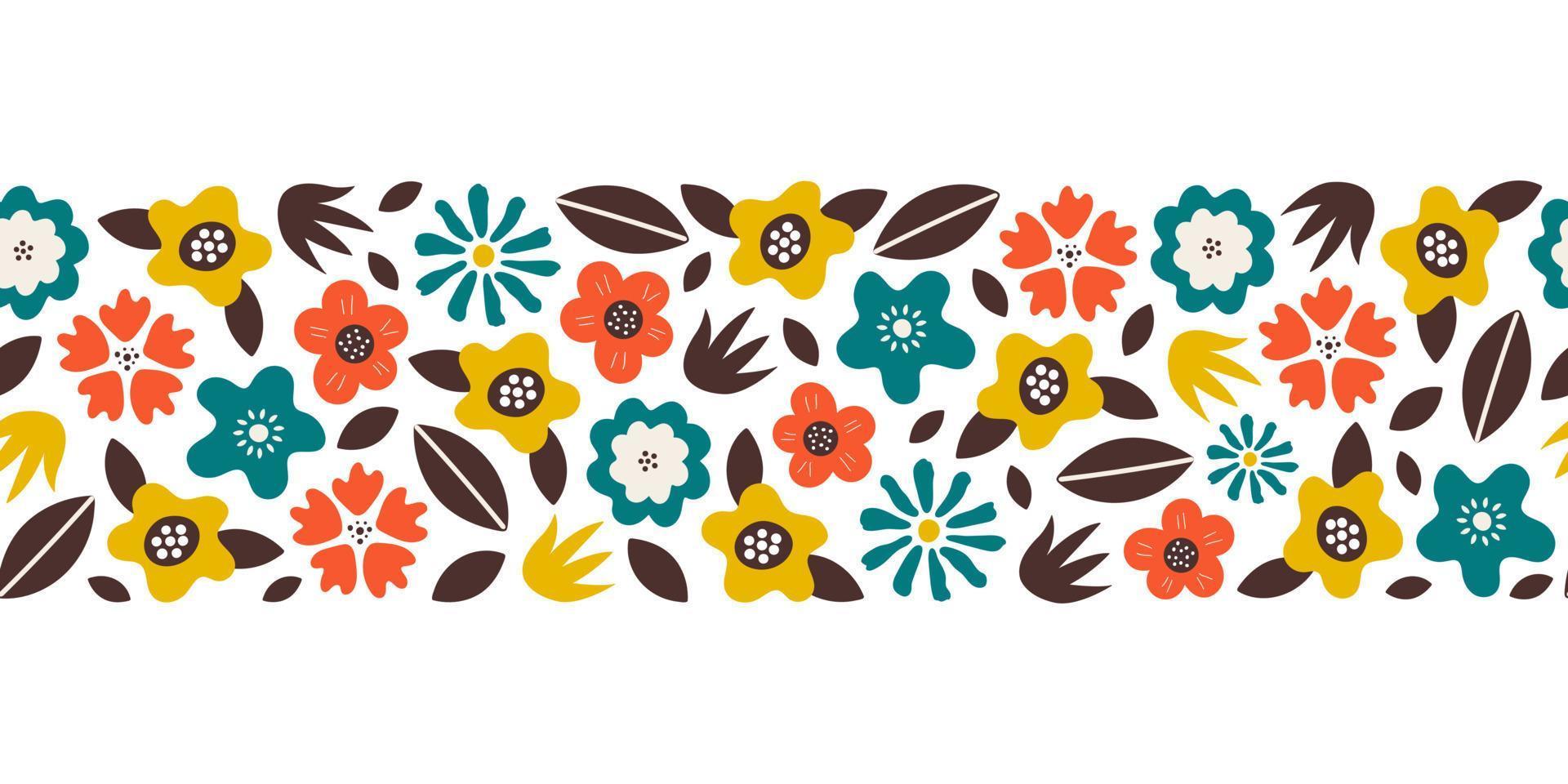 moderne naadloze bloemenrand met veelkleurige bloemen en bladeren op een witte achtergrond. eenvoudig abstract zomerontwerp. vector illustratie