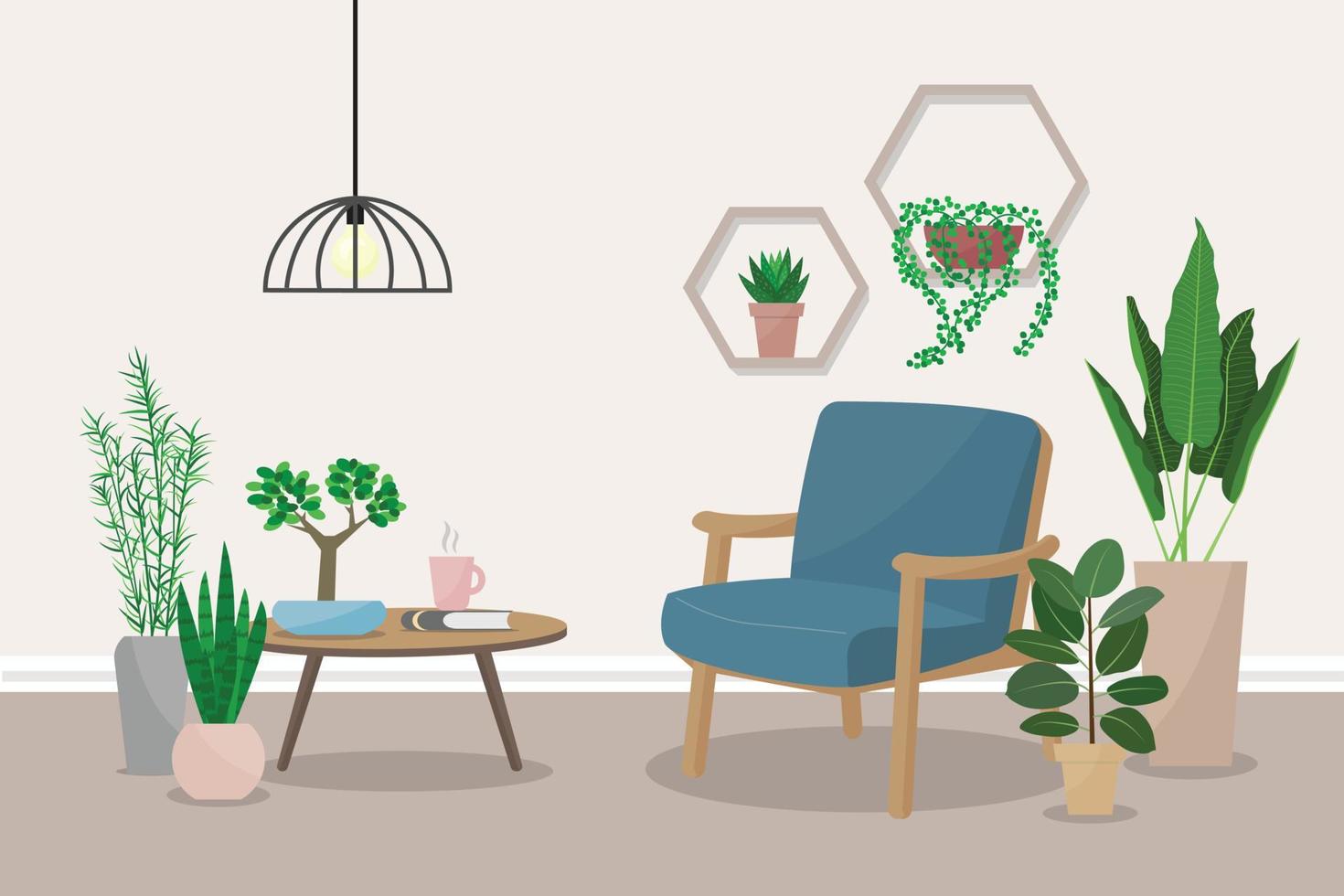 modern interieur van de woonkamer met een fauteuil, salontafel en kamerplanten. plat kleurrijke vectorillustratie. vector