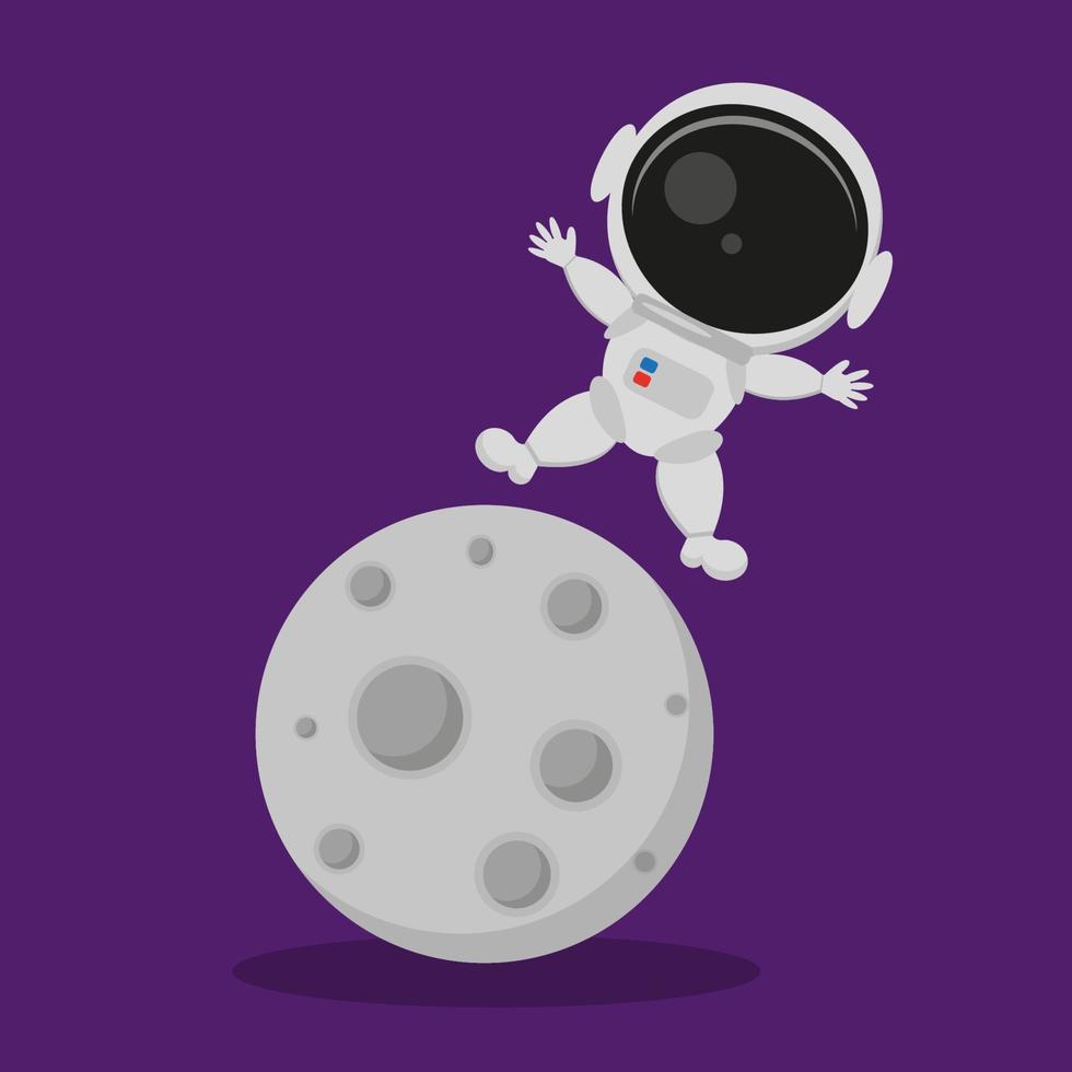 schattige astronaut vliegen op de maan cartoon geïsoleerd op blauwe achtergrond vector, platte cartoon stijl vector