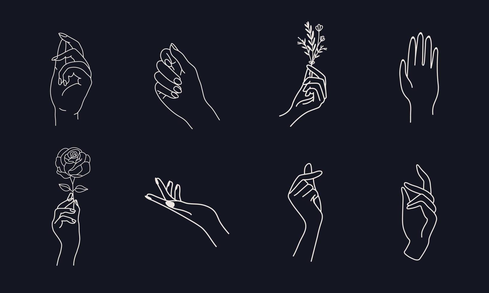 een set vrouwelijke handlogo's in een minimale lineaire stijl. vector logo ontwerpsjablonen met verschillende handgebaren, kristal. voor cosmetica, schoonheid, tatoeage, spa, vrouwelijk, juwelier