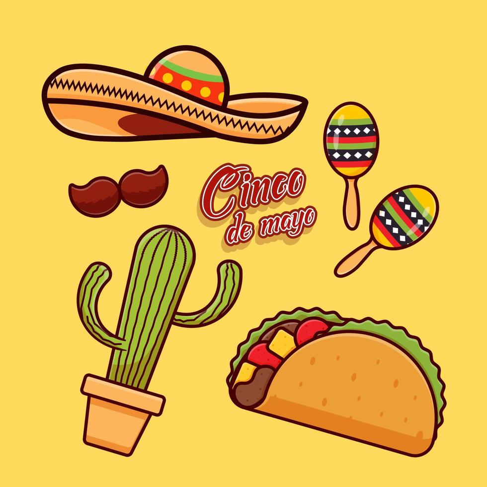 Mexicaanse nationale symbolen cultuur muziekinstrumenten souvenirs, taco en hoed kleurrijke illustratie vector