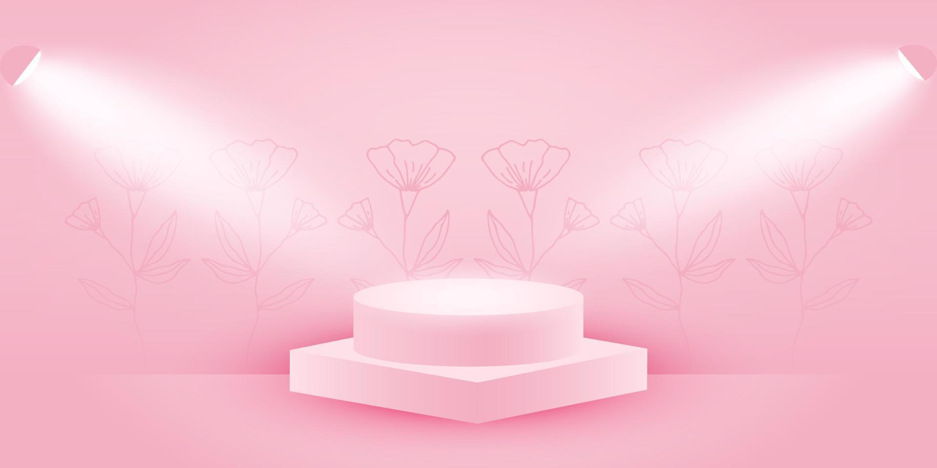 abstracte roze 3d achtergrond met een leeg podium tegen de achtergrond van florale contouren en zachte verlichting. geometrische scène voor productpresentatie. roze vector achtergrond banner.