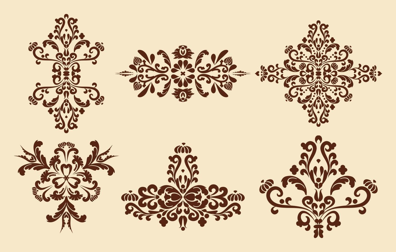 decoratieve set vintage designelementen. damast patronen. bruine, beige kleur. computer beelden. vector