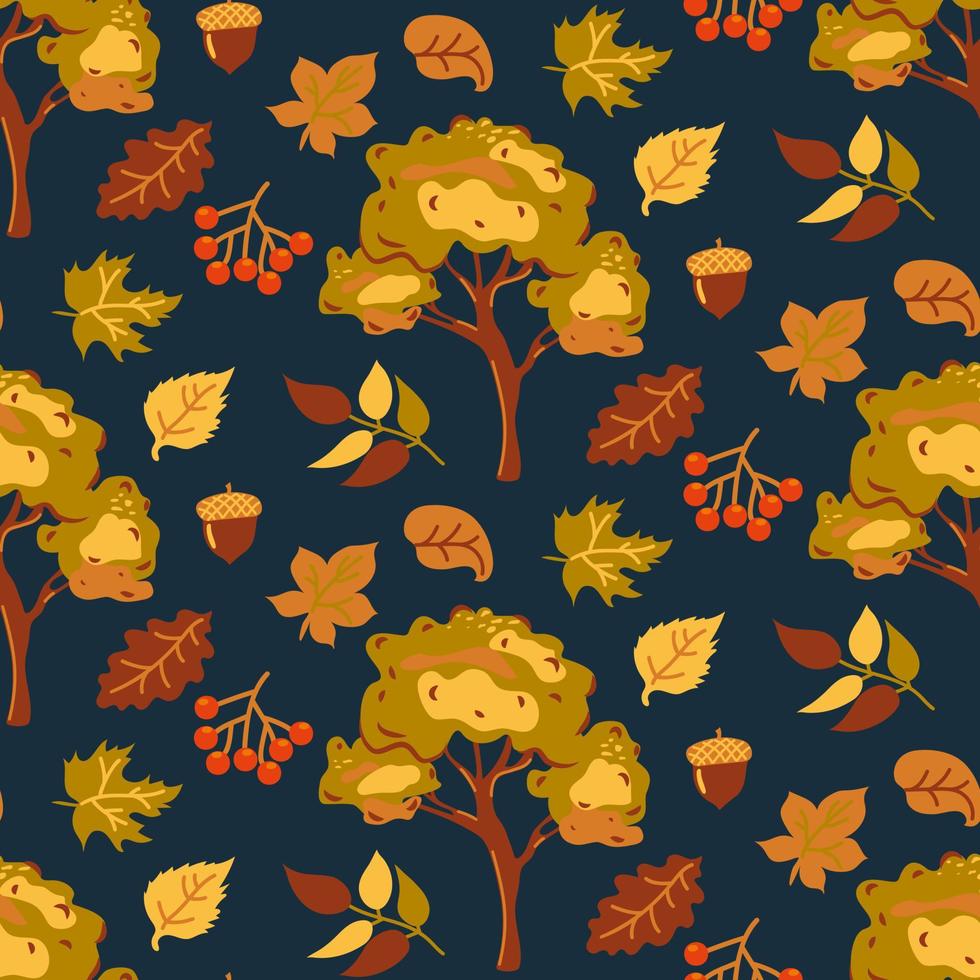 herfst oranje en gele bladeren en herfst bomen op een donkere achtergrond naadloze patroon. herfst background.abstract kunst blad achtergrond vector.red, geel, oranje, blauw, groen, goud kleur. vector