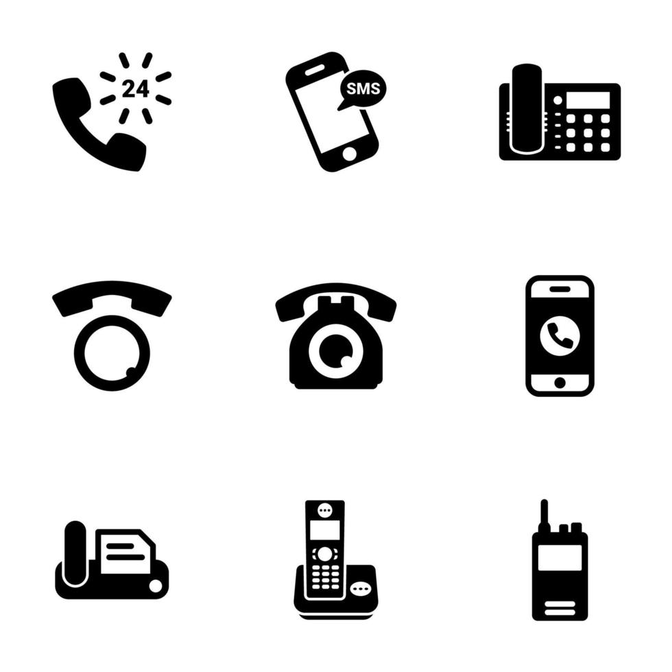 set van zwarte pictogrammen geïsoleerd op een witte achtergrond, op thema telefoon vector