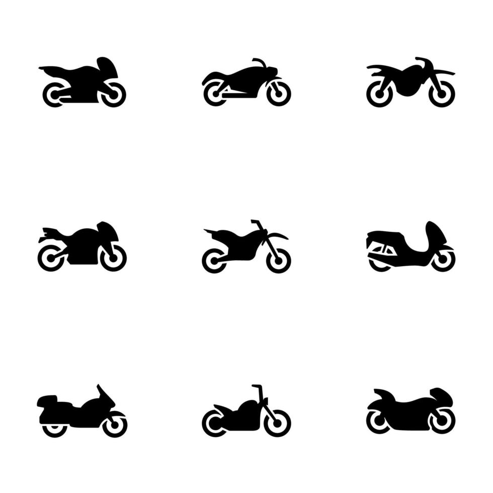 set van zwarte pictogrammen geïsoleerd op een witte achtergrond, op thema motorfiets vector