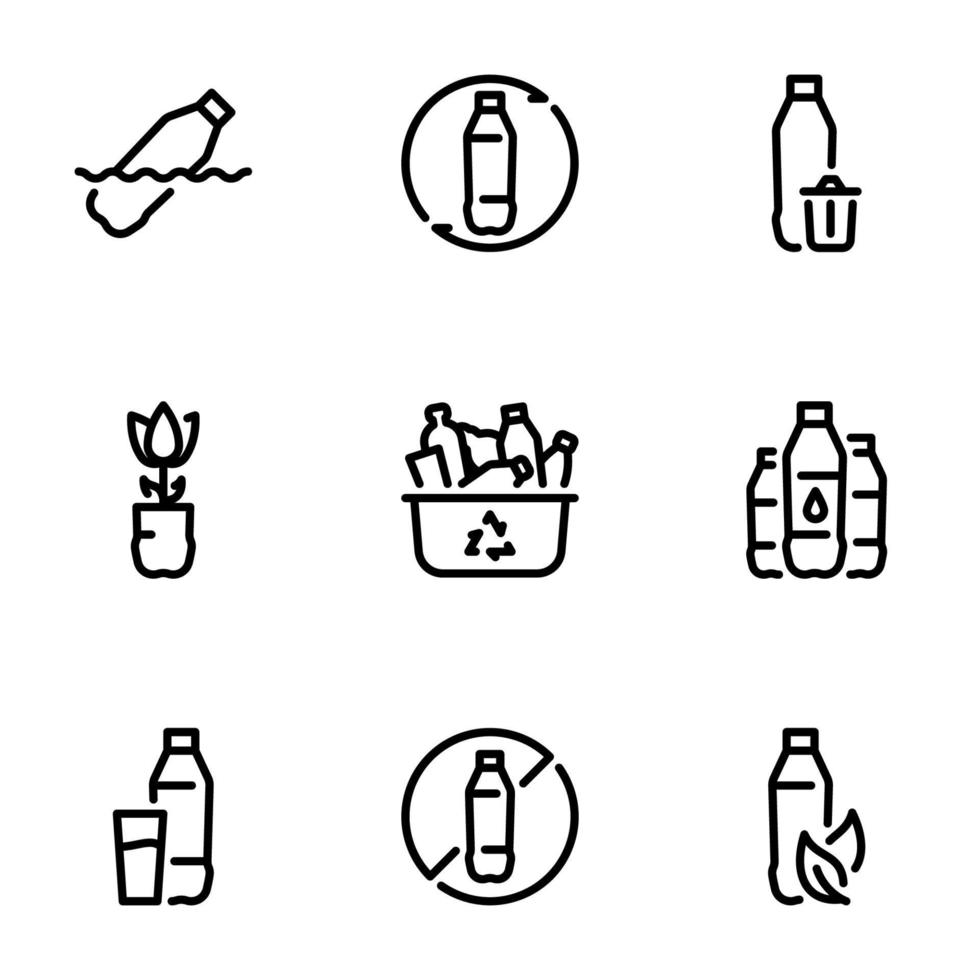 set van zwarte vector iconen, geïsoleerd op een witte achtergrond, op thema plastic, modern milieuprobleem
