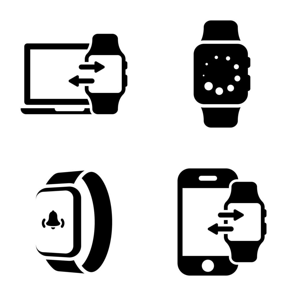 set van zwarte pictogrammen geïsoleerd op een witte achtergrond, op thema slimme horloge vector