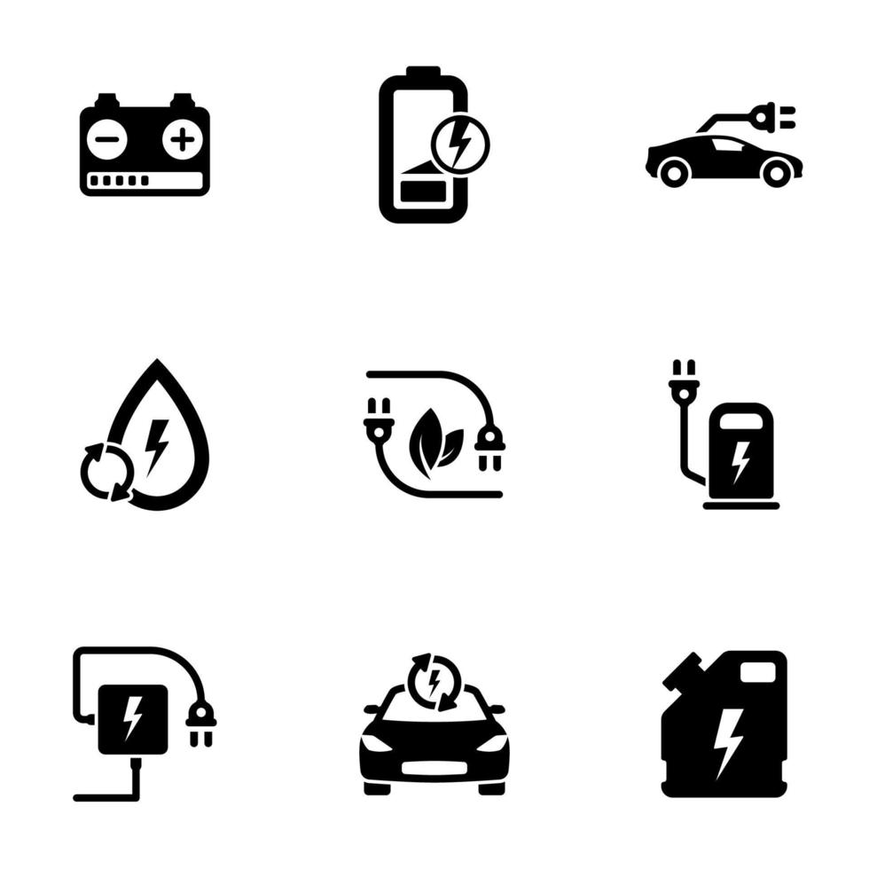 set van zwarte pictogrammen geïsoleerd op een witte achtergrond, op thema elektrische auto vector