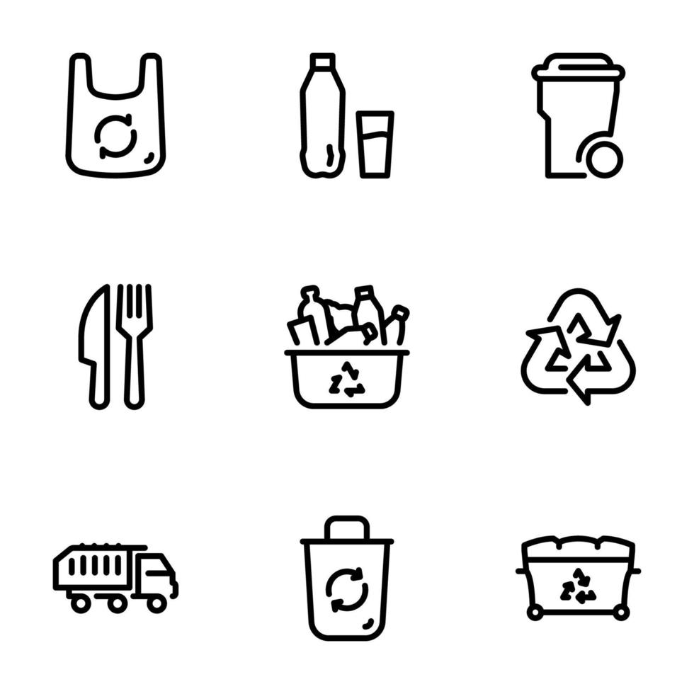 set van zwarte vector iconen, geïsoleerd op een witte achtergrond, op thema recycling en gebruik van plastic afval