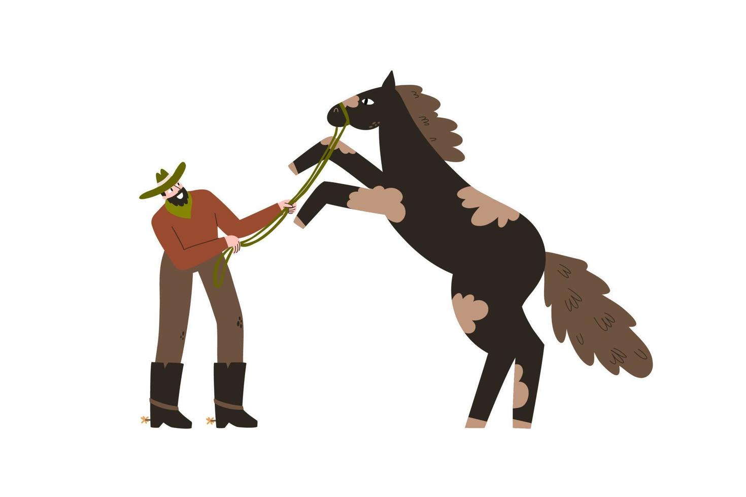 cowboy temt een wild paard. cowboykleding en schoenen. wilde Westen. vectorillustratie geïsoleerd op een witte achtergrond vector