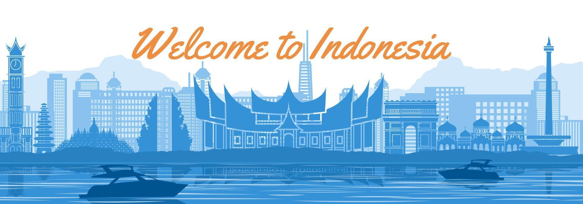Indonesië beroemde bezienswaardigheid met blauw en wit kleurontwerp vector