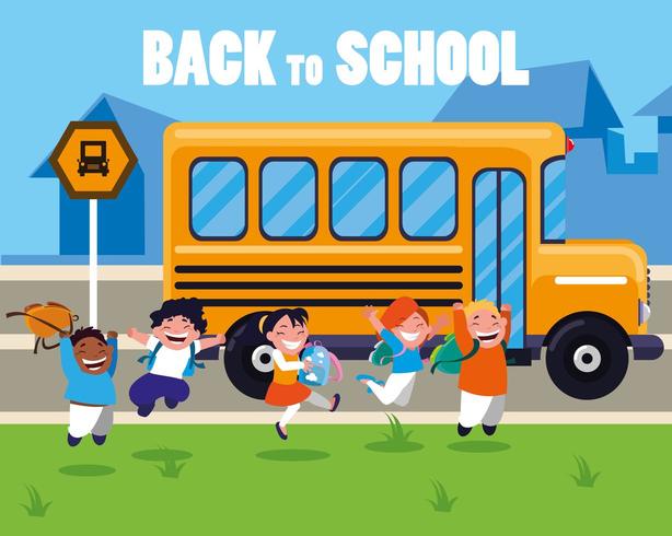 gelukkige studenten bij de bushalte van de school vector