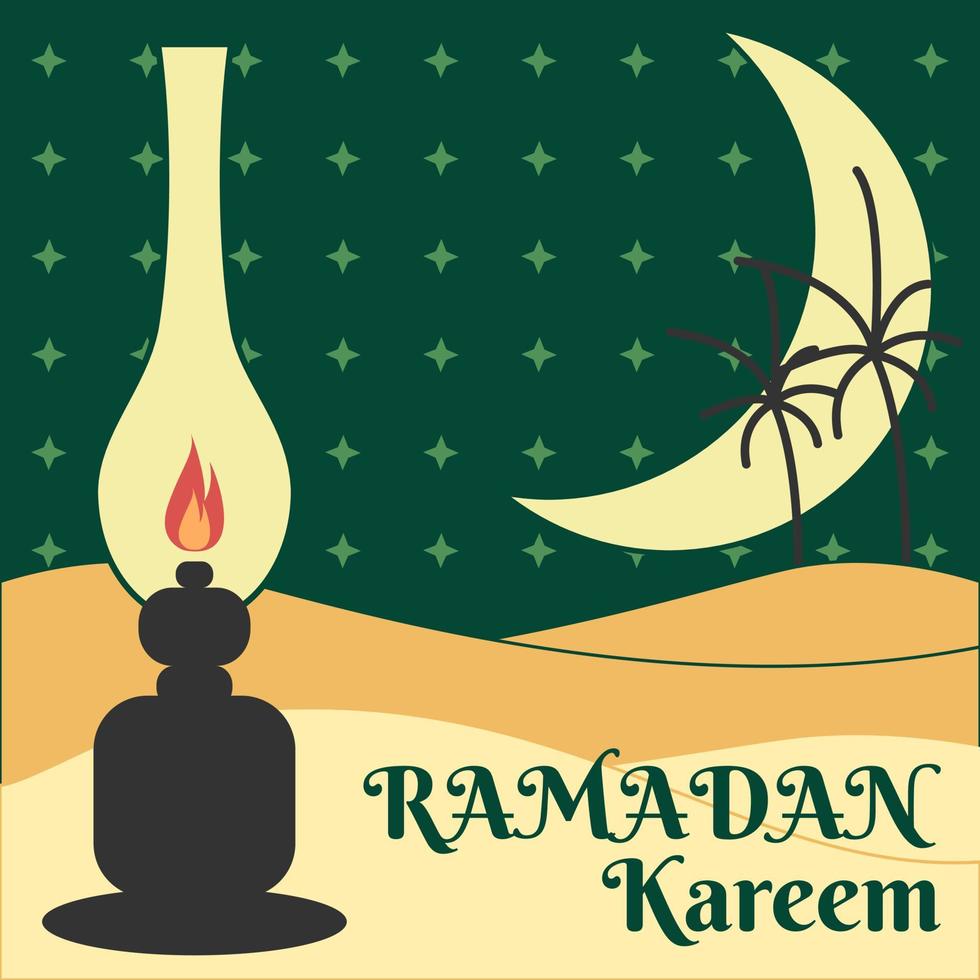 ramadan kareem groet in vlakke stijl vector met traditionele lantaarn, wassende maan, woestijn en sterren.