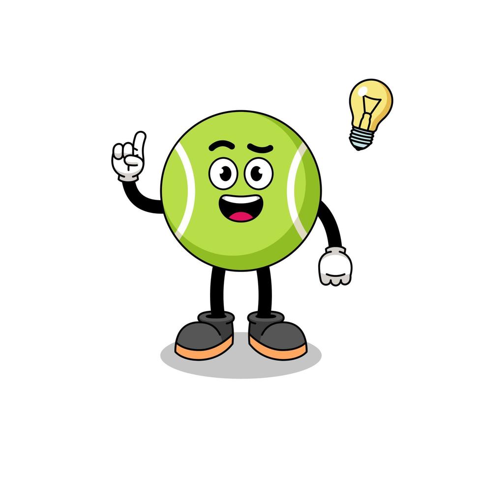 tennisbal cartoon met een idee krijgen pose vector