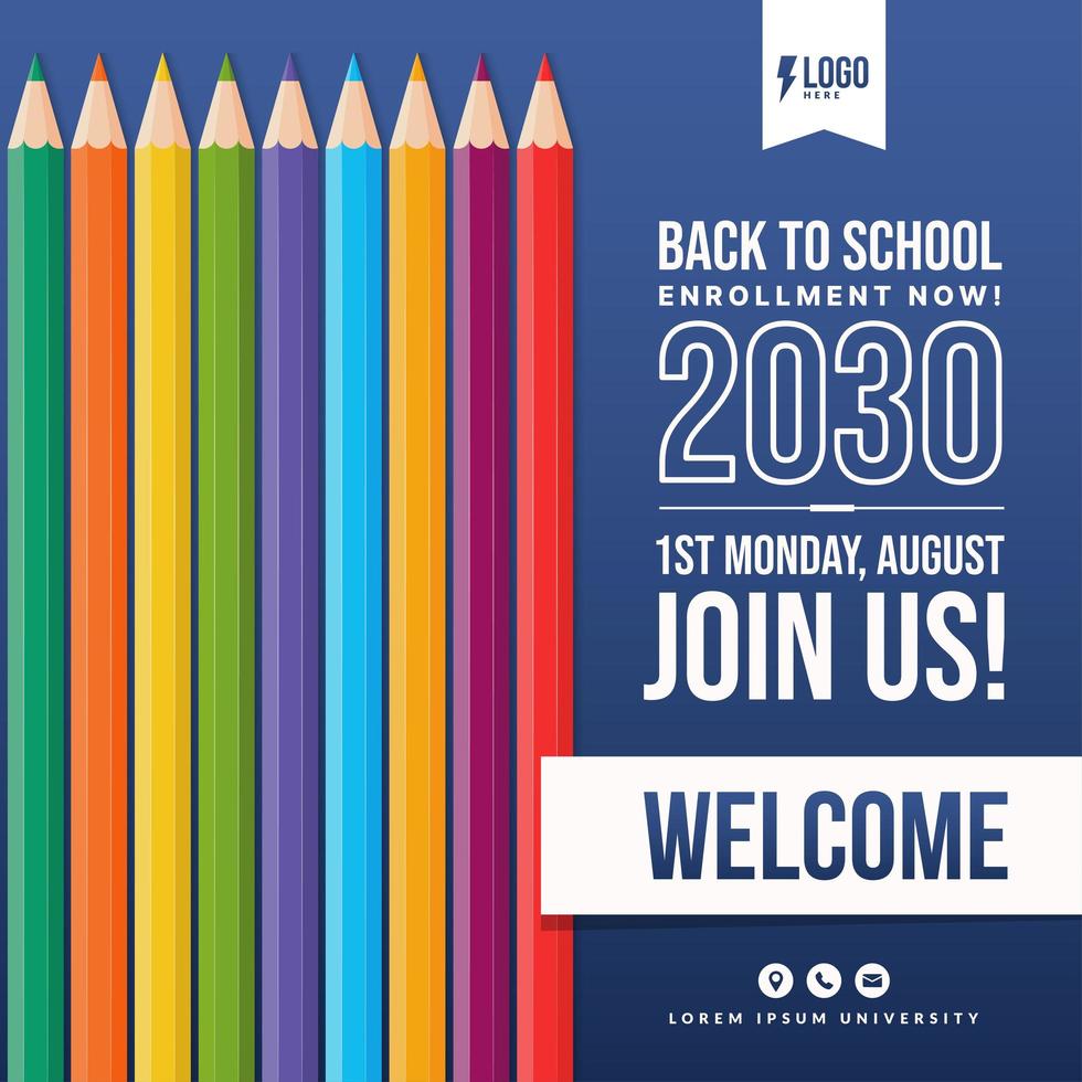 welkom terug op schoolachtergrond met kleurrijke potloden, concept van onderwijssjablonen voor uitnodiging, spandoek en poster vector