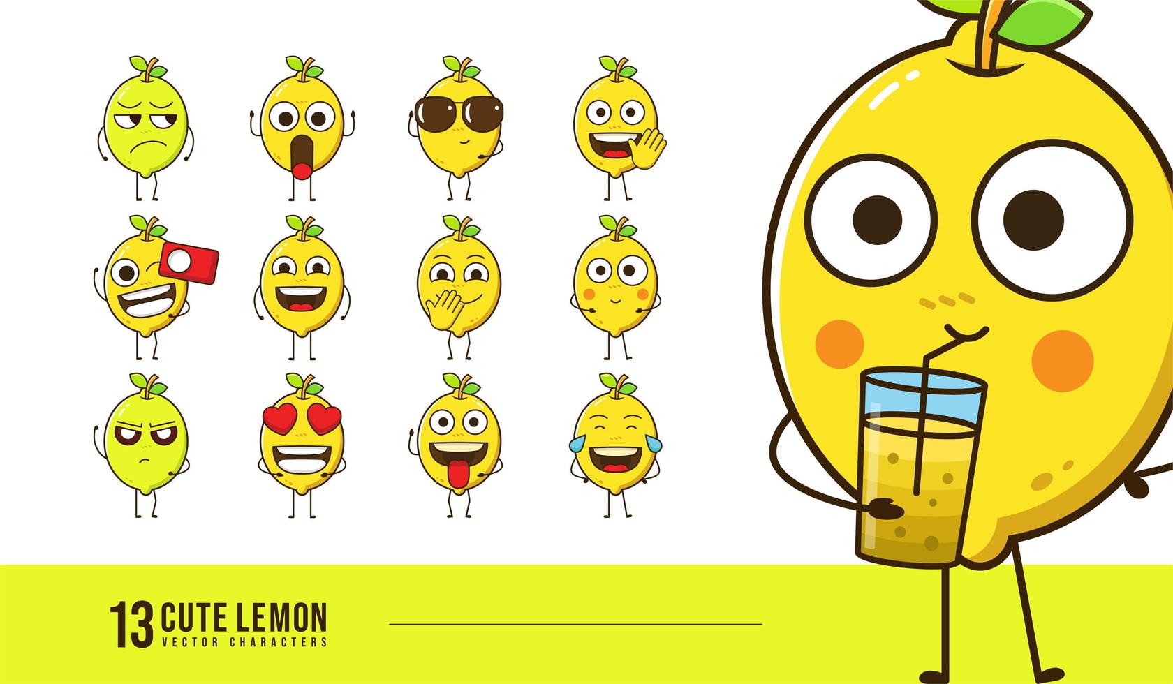 schattige citroenkarakters ingesteld voor fruitsapwinkel en bezorging, citroenemoticons gezichtsuitdrukking voor sociale post en reactie, vers fruit cartoon vectorontwerp vector